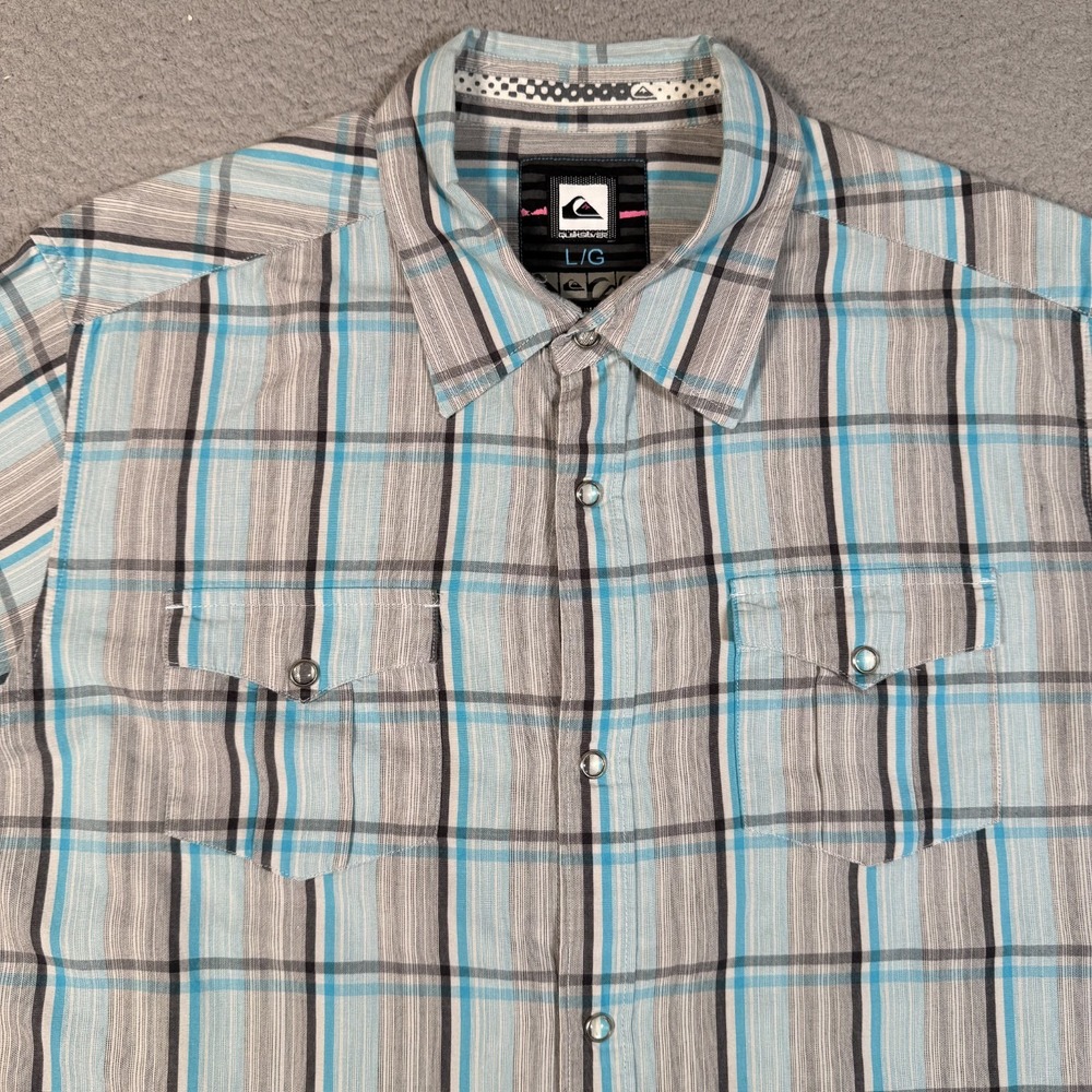Quiksilver Shirt Mens Large Blue Plaid Snap Button Casual Preppy Cotton‎ Logo